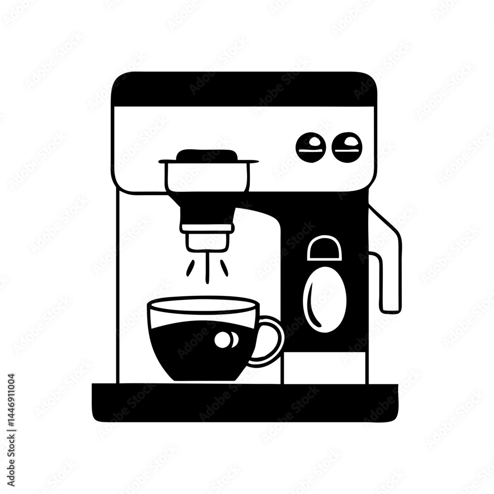 Black and white minimalist illustration of an automatic coffee maker appliance Black and white minimalist illustration of an automatic coffee maker appliance