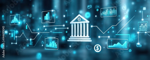 A digital illustration of banking, finance, and data analytics with graphs, charts, and a central bank icon in a futuristic blue style.