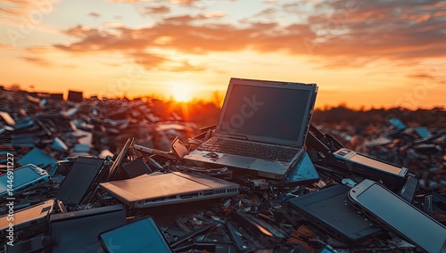 E-waste sunset Laptops and phones in a scrap heap