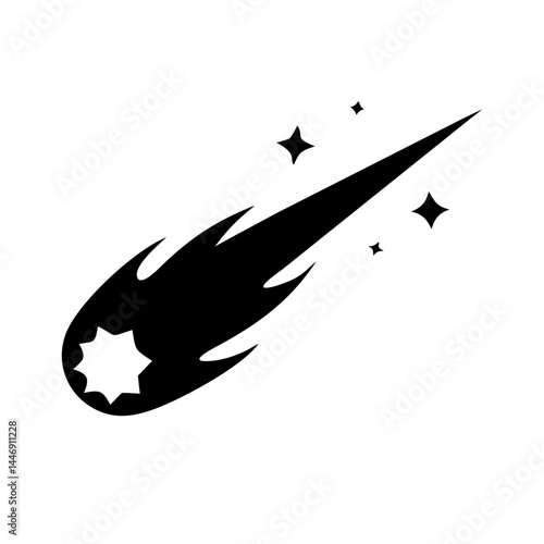 Black and White Comet Illustration with Star Sparkles against Plain Background