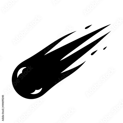Stylized black silhouette of a comet speeding through space with a tail