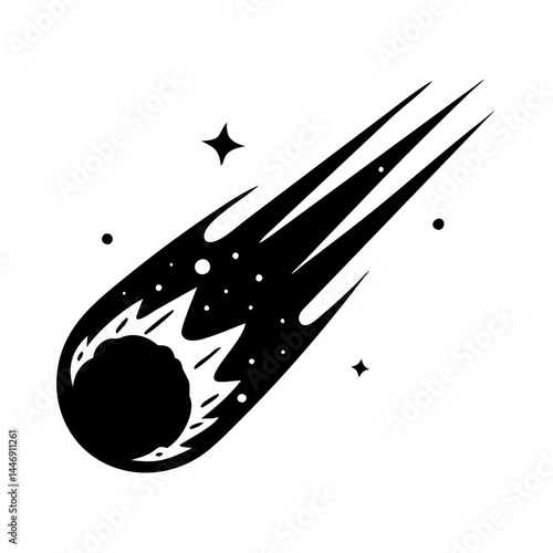Stylized black and white drawing of a comet with stars around it
