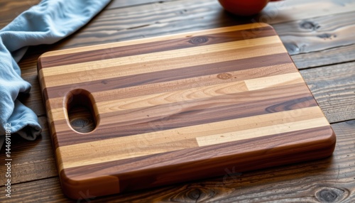 A stylish and functional cutting board made from different types of wood. This board would be great for displaying cheeses and serving appetizers at a dinner party or using as a regular cutting board.