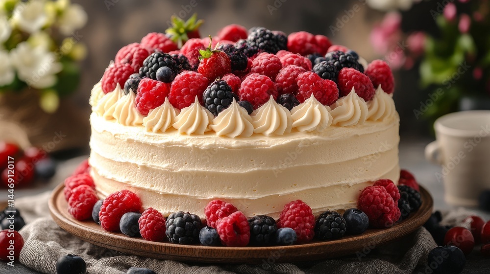 Delicate layered cake adorned with fresh berries and buttercream frosting, surrounded by floral accents and set against a muted backdrop Delicate layered cake adorned with fresh berries and buttercream frosting, surrounded by floral accents and set against a muted backdrop