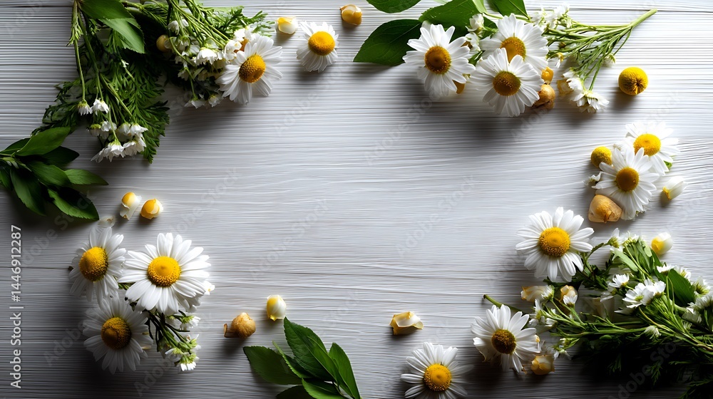Fototapeta premium Top view floral frame on white wooden background flatlay flower border for minimal botanical poster design