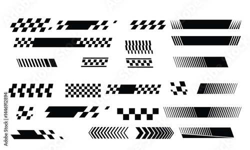 set checkered flag designs, racing stripe speed, finish line motorsport vector Illustration