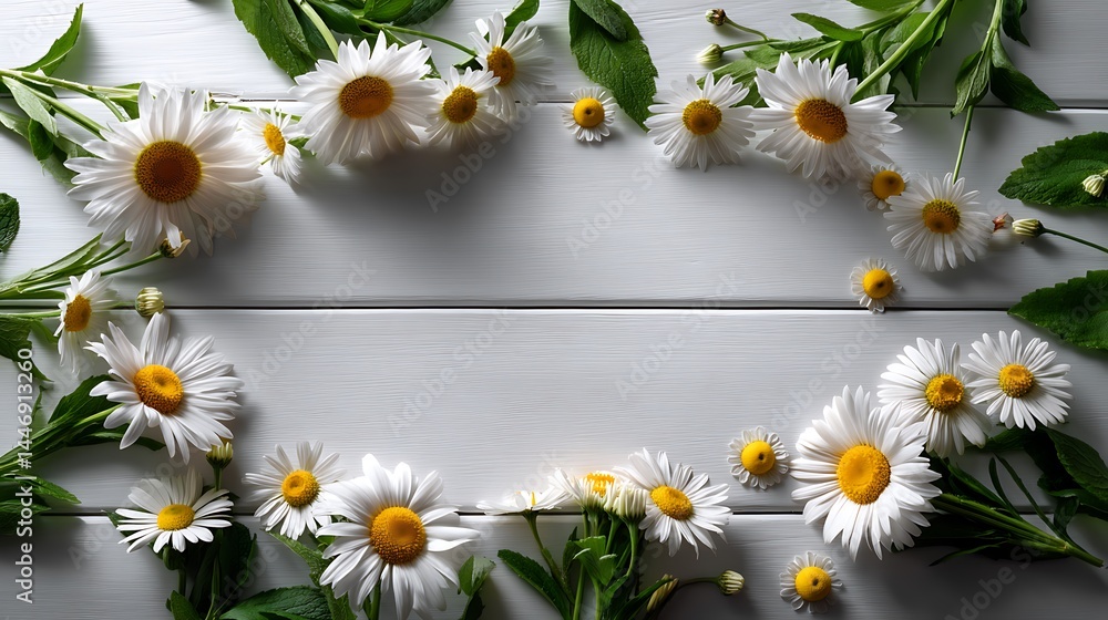 Fototapeta premium Top view floral frame on white wooden background flatlay flower border for minimal botanical poster natural flower mockup
