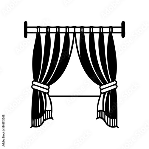 Simple Black and White Window Curtains Tied Back With Curtain Rod Icon