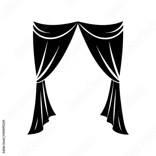 Elegant black and white silhouette illustration of classic theatre curtains