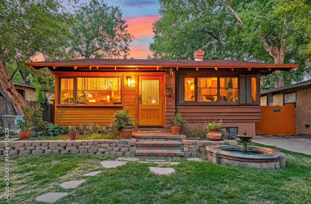 Naklejka premium Charming bungalow with warm lighting, landscaped yard, and fountain