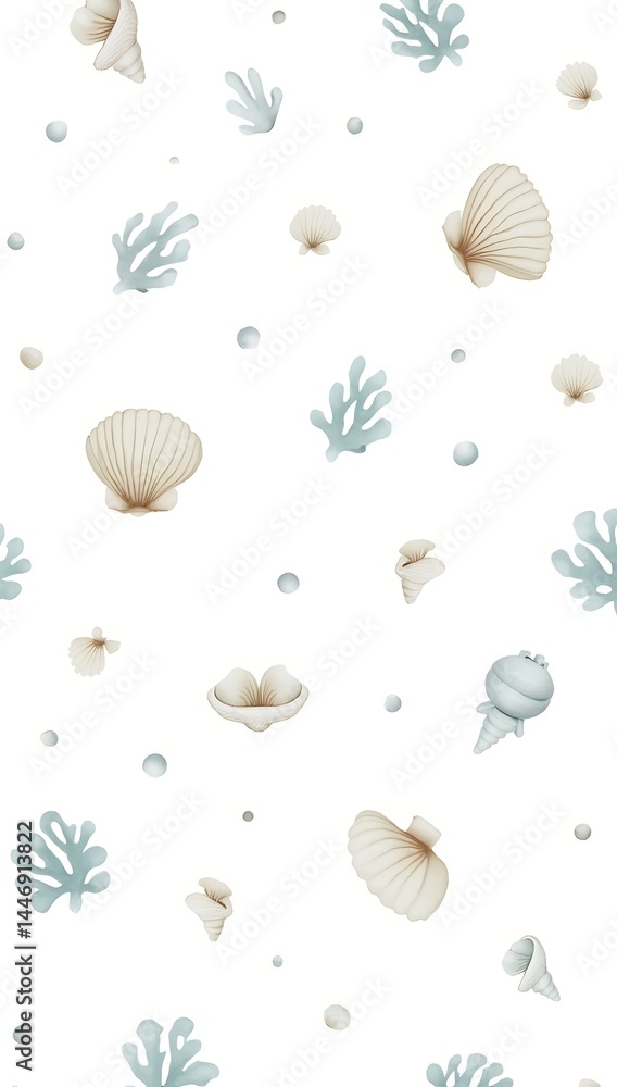 Flat vector pattern of seashells, coral fragments, and ocean bubbles in soft pastel blue and beige tones, scattered evenly on a solid white background for a beachy minimalist design.
Flat vector pattern of seashells, coral fragments, and ocean bubbles in soft pastel blue and beige tones, scattered evenly on a solid white background for a beachy minimalist design.