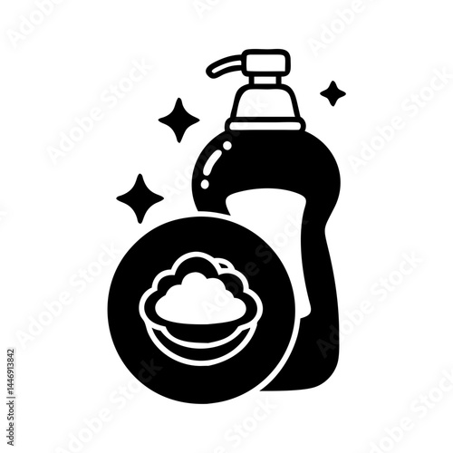 Shiny dish soap and a bowl filled with suds for washing dishes