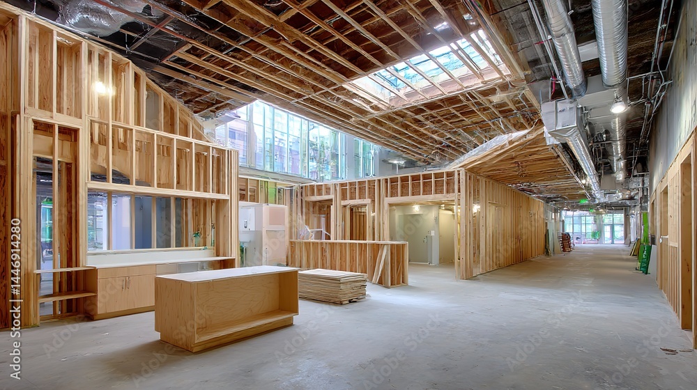 Fototapeta premium Wooden framing evolves into sleek kitchen cabinetry, blending raw structure with modern design in a diagonal composition. 