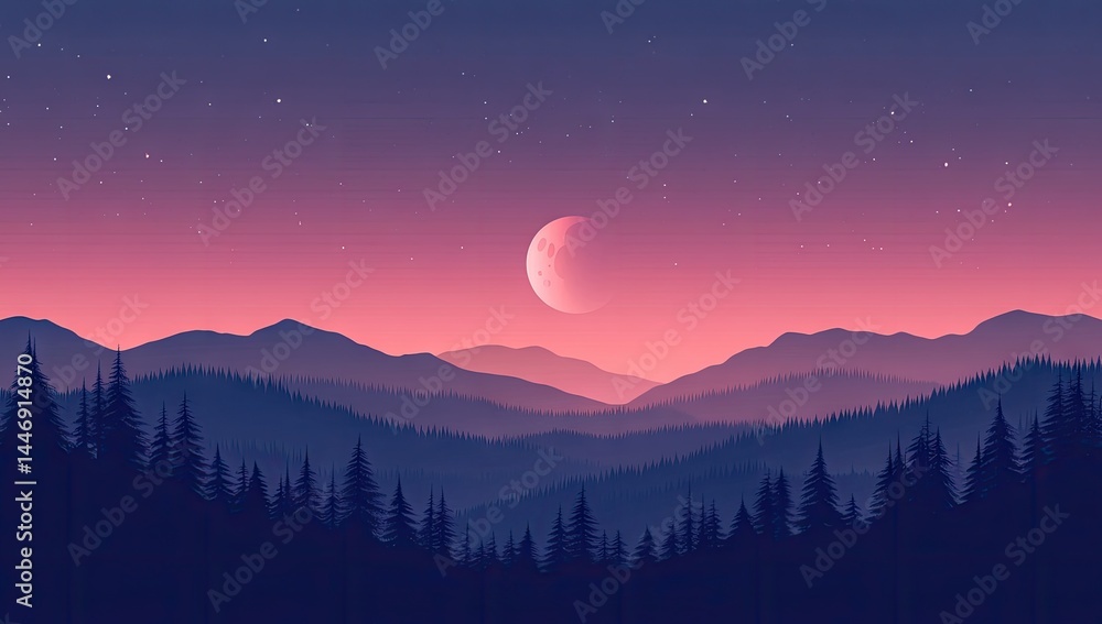 Fototapeta premium A serene mountain landscape at twilight with a pink moon.