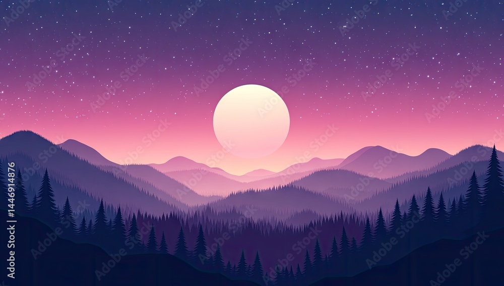 Fototapeta premium A serene mountain landscape at twilight with a full moon and starry sky.