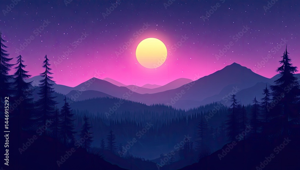 Fototapeta premium A vibrant night scene of a mountain range with a bright sun.