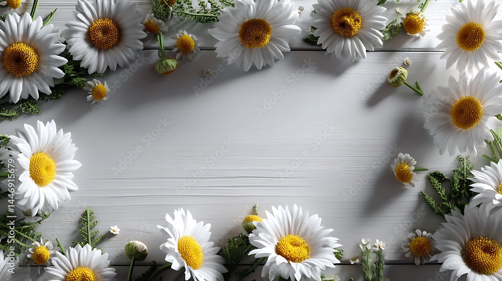 Fototapeta premium Minimal botanical poster with top view floral frame on white wooden background natural flower mockup flatlay layout