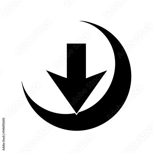 Black arrow pointing downwards within a black curved line semicircle design