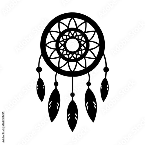 Simple black and white dream catcher design with feathers and geometric pattern