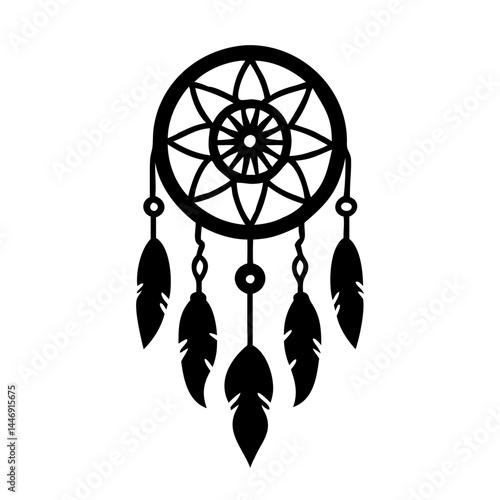 Black and White Dream Catcher with Five Feathers Silhouette Illustration