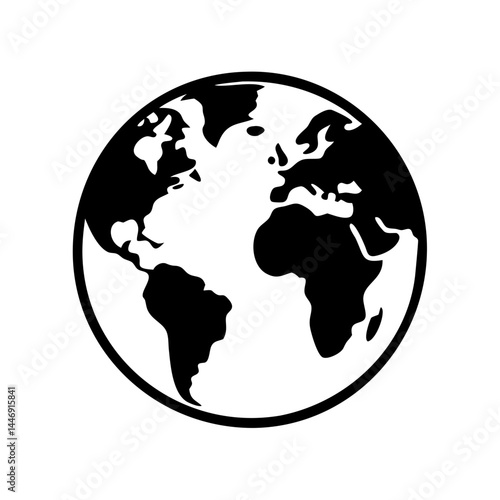 Monochrome illustration of the Earth, displaying continents and a simple circular outline