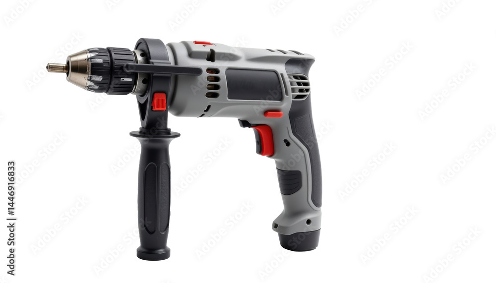 A powerful cordless drill, a versatile tool for various DIY and professional projects. The drill is grey and black with red accents. A powerful cordless drill, a versatile tool for various DIY and professional projects. The drill is grey and black with red accents.