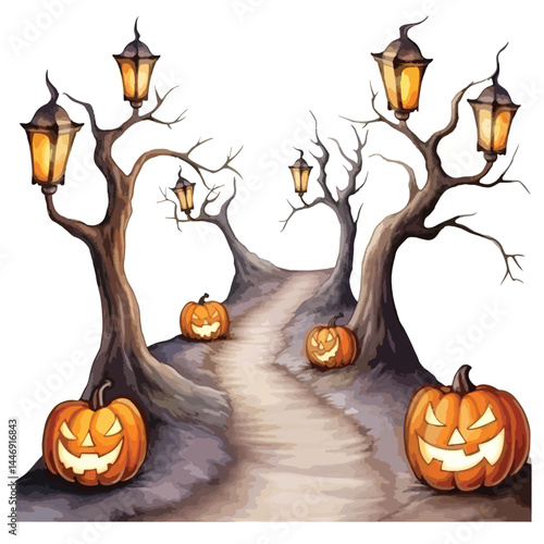 spooky path with glowing jack o lantern  cute watercolors illustration on white background