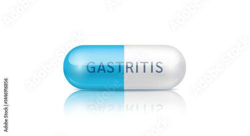 Medical pill gastritis disease. Capsule drug blue painkiller, antibiotic isolated on white background. Medical pharmaceutical and treatment concept. 3d realistic vector.