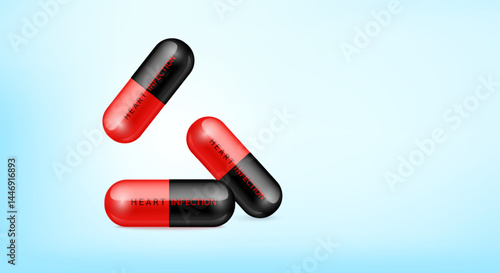 Medical pill Heart Infection disease. Capsule drug painkiller, antibiotic falling isolated on blue background with copy space for text. Medical treatment concept. 3d realistic vector.