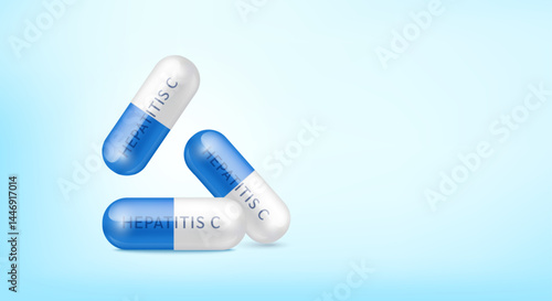 Medical pill Hepatitis C infectious disease. Capsule drug painkiller, antibiotic falling isolated on blue background with copy space for text. Medical treatment concept. 3d realistic vector.
