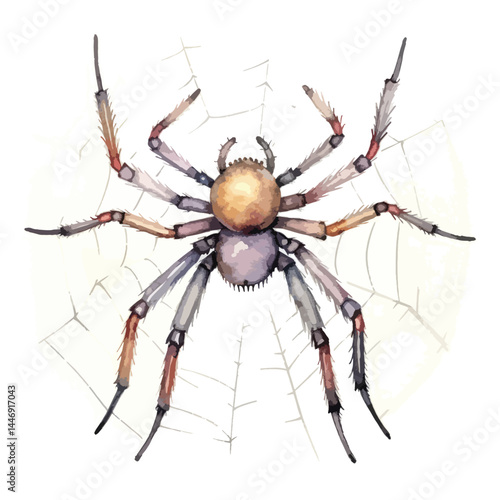 spooky spider web with a large spider cute watercolors illustration on white background
