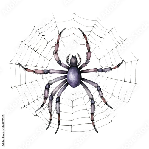 spooky spider web with a large spider cute watercolors illustration on white background