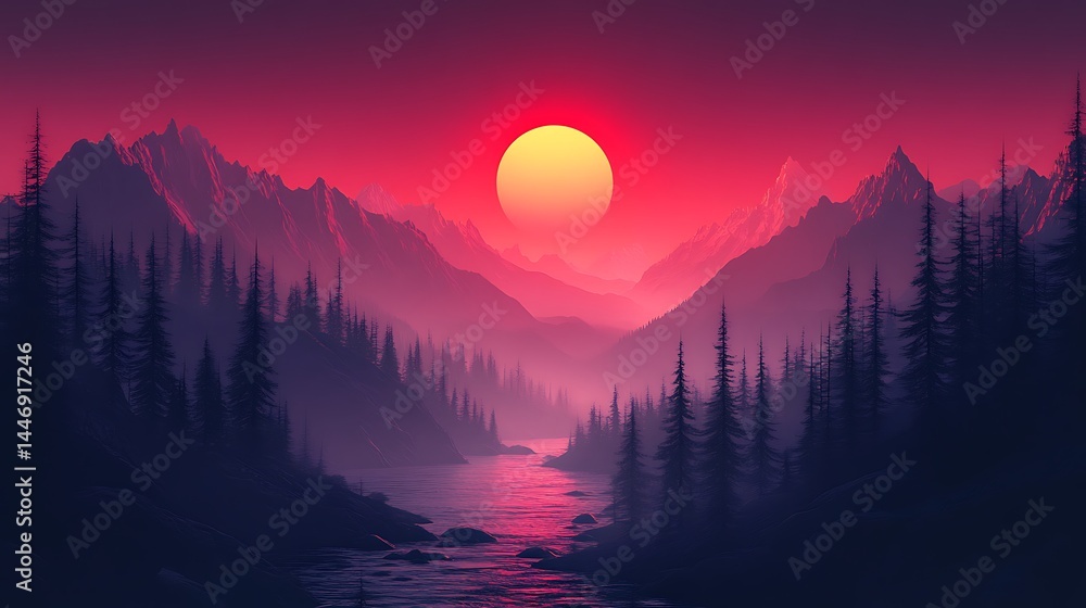 Fototapeta premium Crimson twilight over a mountain river