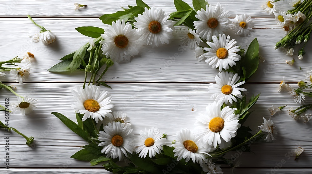 Fototapeta premium Floral top view frame on white wooden background minimal botanical poster natural flower mockup center space layout
