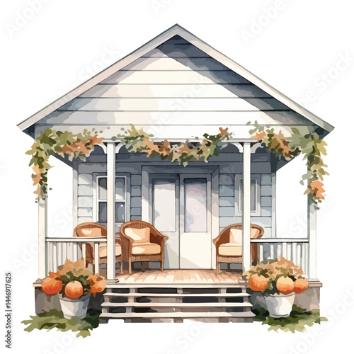 Thanksgiving decorations on a porch cute watercolors illustration on white background
