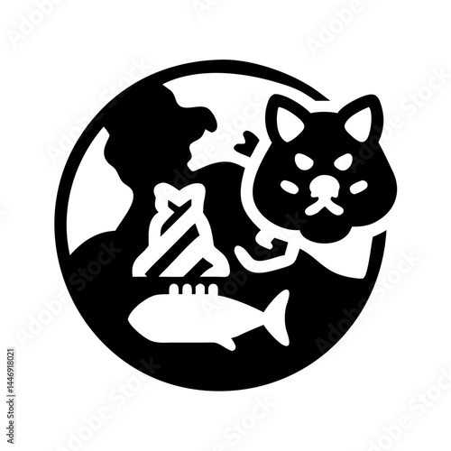 Stylized world icon with dog, building and fish representing nature and humanity