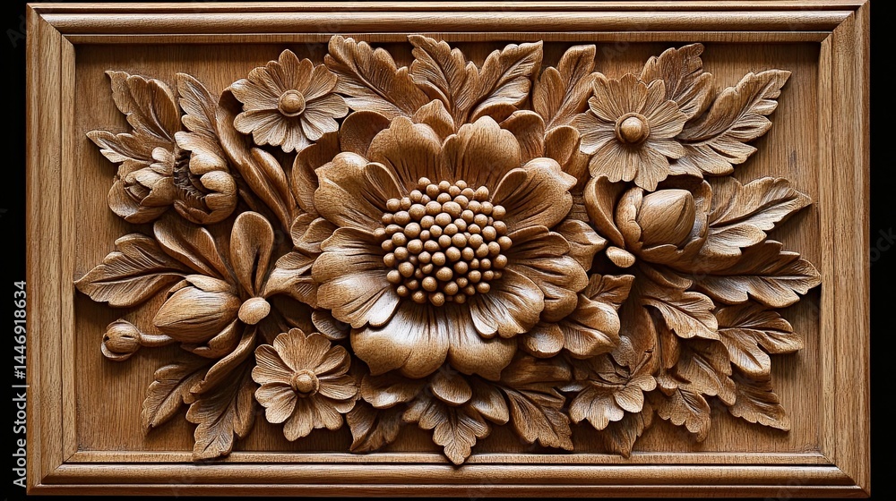 Intricate Light Brown Wooden Floral Carving Panel, Showcasing Traditional Craftsmanship and Artistic Detail. Intricate Light Brown Wooden Floral Carving Panel, Showcasing Traditional Craftsmanship and Artistic Detail.