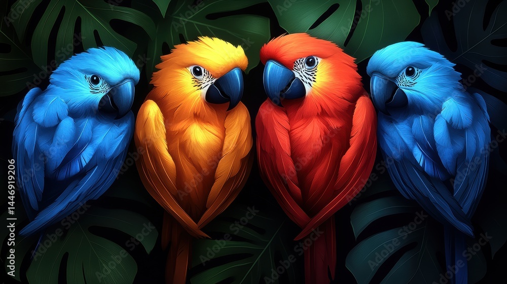 Fototapeta premium Vivid quartet of parrot birds, with plumage in bright gradient hues against a shadowed backdrop providing a dynamic visual appeal and artistry