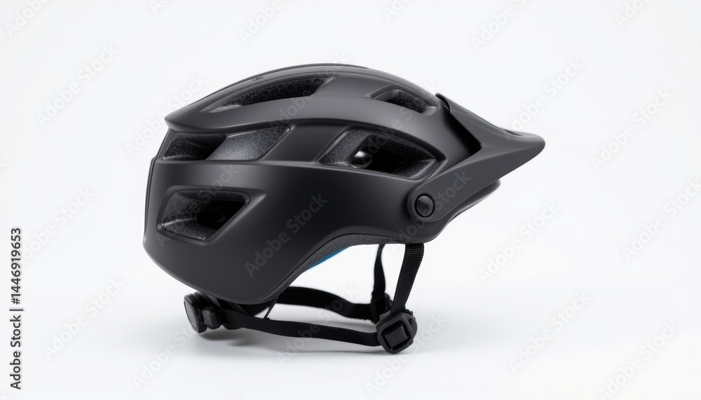 A black bicycle helmet displayed against a plain backdrop, highlighting its design and protective features. The helmet has a sleek, modern aesthetic A black bicycle helmet displayed against a plain backdrop, highlighting its design and protective features. The helmet has a sleek, modern aesthetic