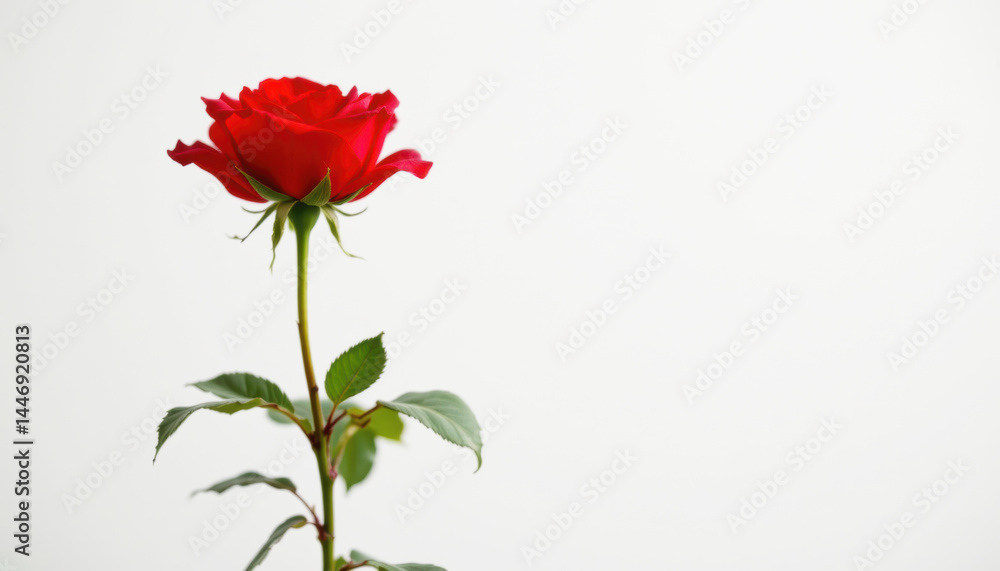 Obraz premium Crimson Rose of Passion: A captivating close-up of a single, vibrant crimson rose in full bloom, its velvety petals unfurling gracefully against a delicate backdrop, symbolizing love and admiration.