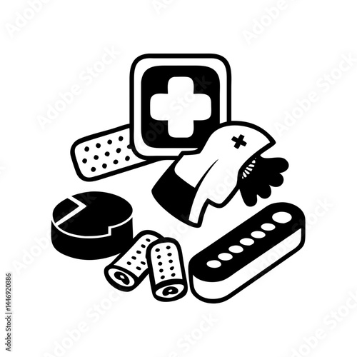 Black and white medical supplies illustration on a white background art