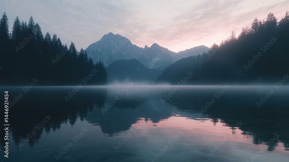 Fototapeta premium A serene lake reflects mountains and trees in the early morning mist.