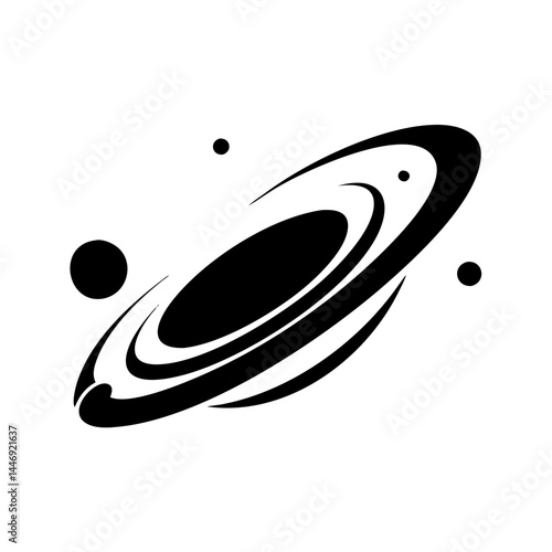 Minimalist black and white drawing of a ringed planet with several moons
