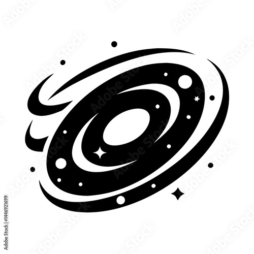 Stylized galaxy with stars and orbital rings in a black and white design