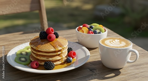pancakes with coffee and fruit
