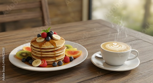 pancakes with coffee and fruit