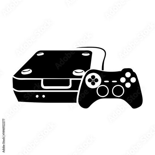 Monochrome icon image of an old video game console and controller