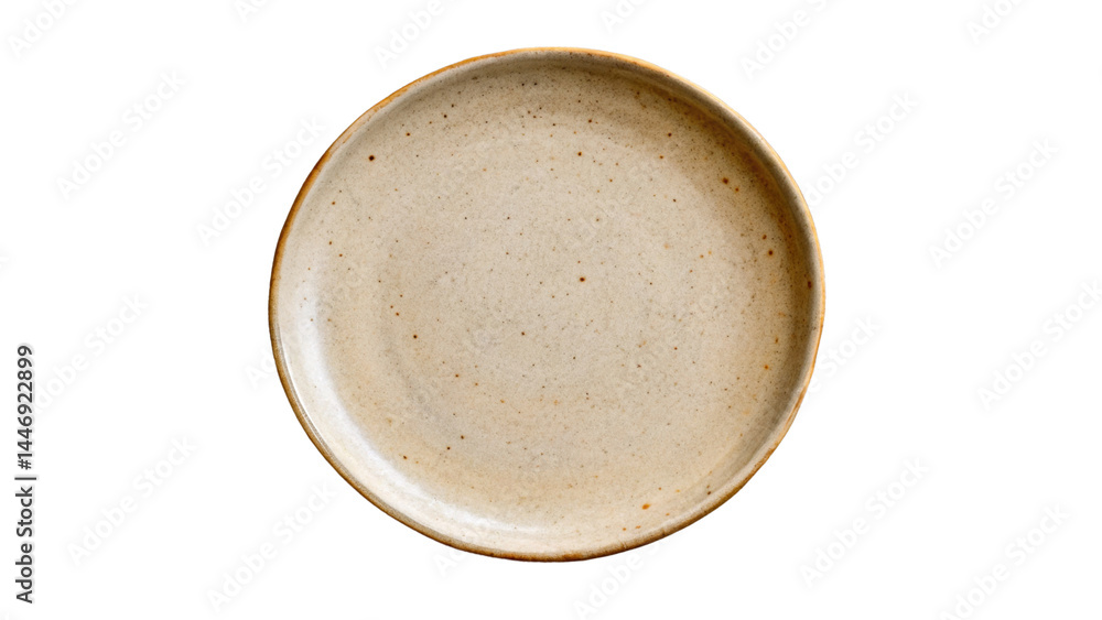 Plain ceramic plate with speckled beige surface and slightly raised rim, perfect for serving food in rustic or minimalist style setting Plain ceramic plate with speckled beige surface and slightly raised rim, perfect for serving food in rustic or minimalist style setting