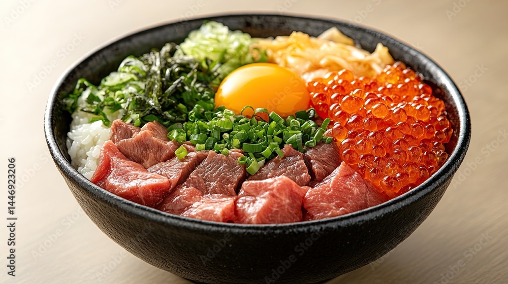 Japanese Gyudon Rice Bowl with Marinated Beef, Egg Yolk, and Vibrant Fish Roe, Representing a Flavorful and Traditional Dish Japanese Gyudon Rice Bowl with Marinated Beef, Egg Yolk, and Vibrant Fish Roe, Representing a Flavorful and Traditional Dish