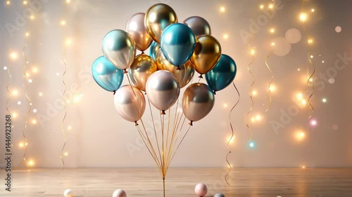 Wallpaper Mural Metallic Balloons Tied to a Gold Stand with String Lights and Decorative Balls Torontodigital.ca